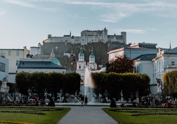     City of Salzburg - Mirabell Garden with a view of the fortress Hohen Salzburg 